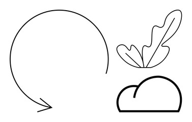 Circular arrow pointing left, abstract leaf with curved lines, and a minimalist cloud shape. Ideal for presentations, environment themes, creativity, simplicity, design concepts, natural elements