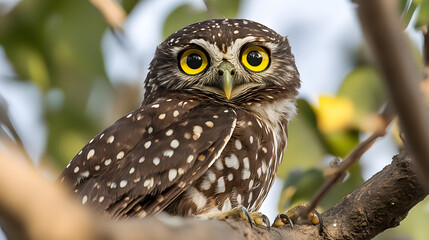 Obraz premium A close-up of a curious owl staring directly into the camera with wide amber eyes.