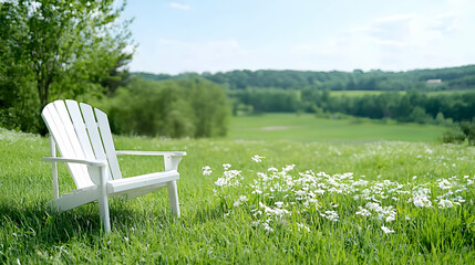 White Adirondack chair in a green field, overlooking a valley. Relaxation, nature scene