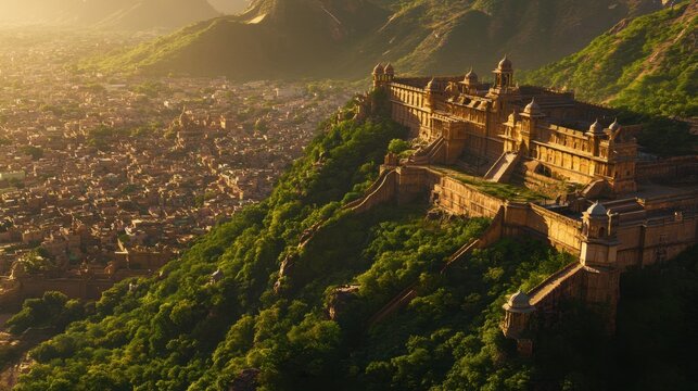 Sunset aerial view of amer fort, jaipur