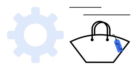Gear icon next to a handbag with a price tag and abstract lines. Ideal for e-commerce, retail technology, shopping efficiency, online retail, automation in sales, modern retail concepts, abstract