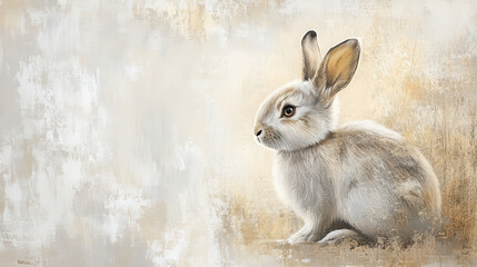 A serene rabbit sitting against a soft-toned monochrome background, its delicate fur detailed with thick and expressive brushwork