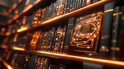 digital library with glowing shelves and circuit like patterns creates futuristic atmosphere