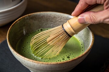 Person using bamboo whisk to prepare fresh matcha in ceramic bowl for a traditional experience.