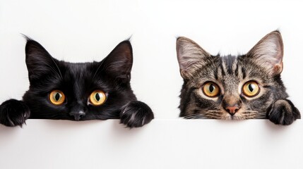 Curious cats peeking over white background
