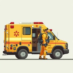 A dedicated firefighter in protective gear stands in profile next to a brightly colored rescue ambulance, ready to respond to emergencies.