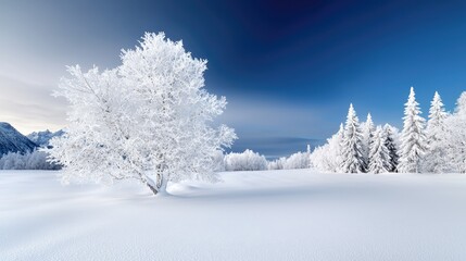 Fototapeta premium Frosty winter tree, snow-covered landscape, sunrise, mountains background, winter wonderland postcard