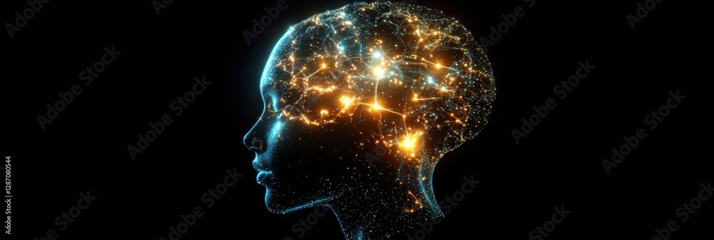 Leinwandbilder Profile of a human head showcasing intricate neural connections with glowing synapses highlighting artificial intelligence concepts. Generative AI