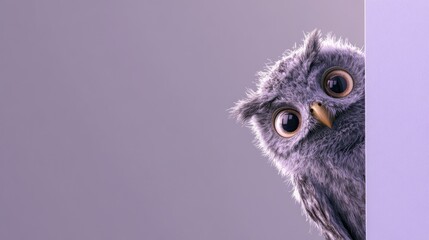 Fototapeta premium Curious owl peeking from wall, pastel background, website banner