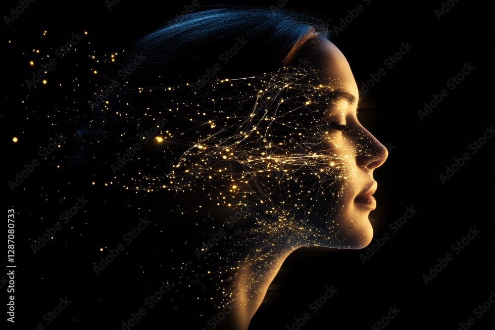 Fototapete Profile view of a human head showcasing intricate neural connections symbolizing artificial intelligence and cybernetic concepts. Generative AI