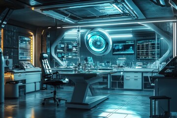 Futuristic laboratory interior with advanced technology and holographic displays