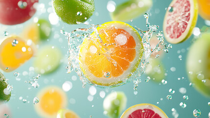 Fresh citrus fruits splash in water, creating vibrant and refreshing scene