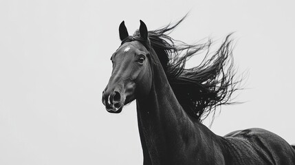 Majestic black horse in motion against white