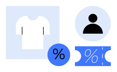 T-shirt in square frame, user profile icon, percentage symbol, and coupon ticket. Ideal for e-commerce, shopping, discounts, marketing customer engagement sales promotions retail. Abstract line