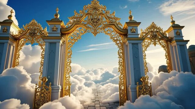 The gateway to heaven in heaven, surrounded by clouds, against a light blue sky. For business in the field of spirituality, religion, paintings, posters, books or events.