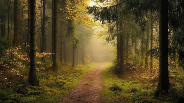 A misty forest wraps the evening in a dreamy haze, as we walk through the soft, ethereal air, immersed in nature's quiet embrace.