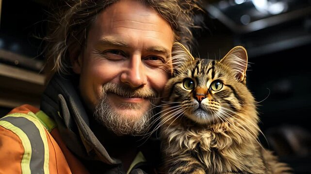 A firefighter smiles while holding a cute cat in his arms. The stage conveys an atmosphere of kindness and care, for advertising, social projects, content about heroes, safety and animal welfare.