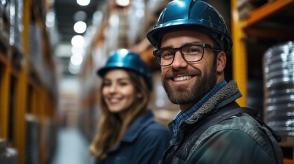 Warehouse clerks smiling and collaborating while working in a storage facility with safety equipment during the day