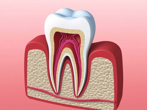 Illustration of a cross section of healthy human teeth in the gums. The structure includes enamel, crown, root, nerve.