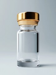 Clear glass vial with a gold cap showcased against a simple background in a well lit setting. Generative AI