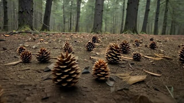 View of Forest Floor Scattered with Brown Pine Cones Amidst Tall Evergreen Trees In Natural Light
