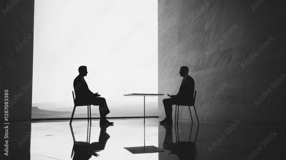 Leinwandbilder Two silhouettes engaging in a conversation in a minimalist space with ample natural light in the background. Generative AI