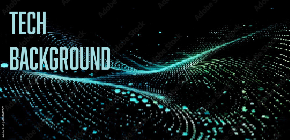 Poster вynamic vector illustration featuring a futuristic, digital wave of dots and lines in blue and green