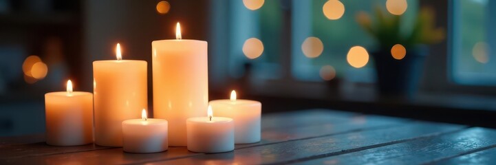 Cluster of white pillar candles with string lights ,  serene,  night,  peaceful