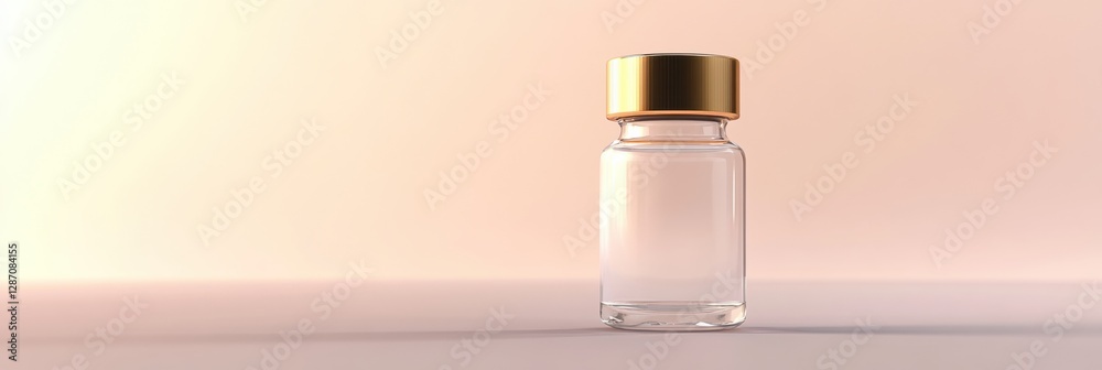 Poster Clear glass vial with golden cap on a light background at an unknown location in a modern setting. Generative AI