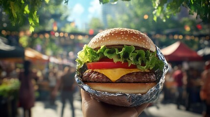 Festive outdoor event with wrapped burger