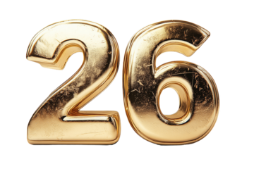 Gold Number Twenty Six 3D Render on Transparent Background