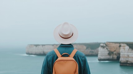 Fototapeta premium A traveler wearing a hat and backpack looks out at coastal cliffs on a foggy day.