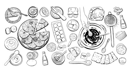 Food Ingredient Set for Cooking Classes in Black Outline Style