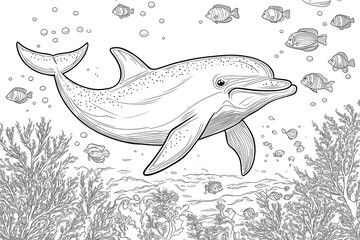 Fototapeta premium Cartoon dolphin swimming underwater with smaller fish for coloring book pages