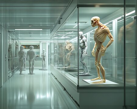 Analysis virtual simulation showing divergent evolutionary paths of humans other primates bringing into focus major anatomical divergences surrounded by a clean laboratory environment with glass walls