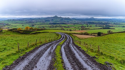 Obraz premium Winding muddy road, autumn hills, rural landscape, scenic travel