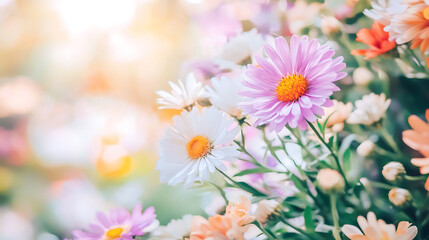 Fototapeta premium Beautiful flower garden with blooming asters and colorful daisies