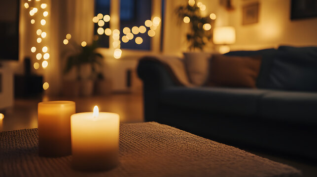 A cozy evening scene in a living room with dim lighting and candles.