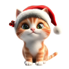 A Jolly 3D Cartoon Cat Wearing a Santa Hat Isolated on Transparent Background