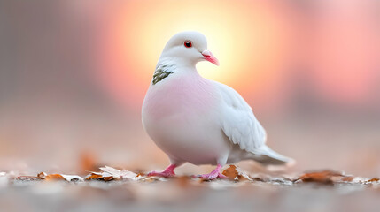 Obraz premium White dove sunset autumn leaves ground peace