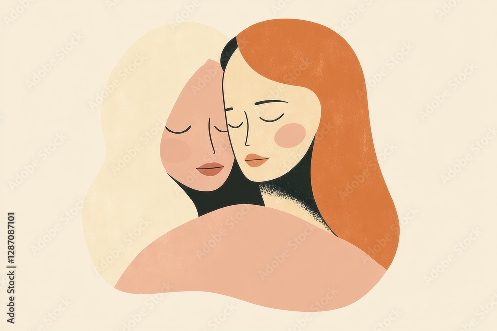 Poster minimalist illustration showing two people embracing in a warm and heartfelt moment. generative ai