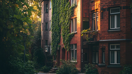 Fototapeta premium A cozy old brick apartment building with ivy climbing up the facade nestled in a quiet street.