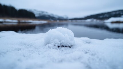 Snowball on snow bank by frozen river