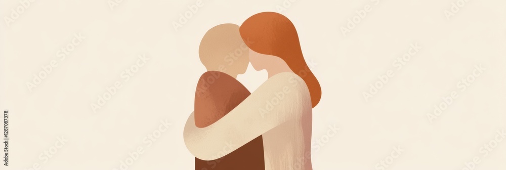 Poster minimalist illustration of two people hugging in a warm and loving embrace during a serene moment to