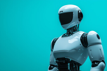 High-quality rendering of a realistic AI humanoid robot, isolated solid color background