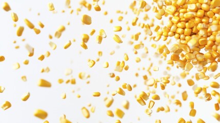 Falling corn kernels, white background, food texture, recipe backdrop