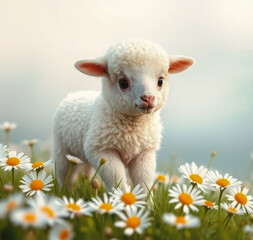 Fototapeta premium Charming lamb standing among vibrant daisies on a serene meadow, evoking warmth and innocence