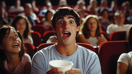 A crowded movie theater filled with excited fans watching a highly anticipated blockbuster film.