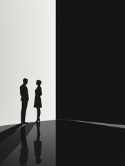 Fototapeta premium Couple stands facing each other in a minimalist black and white space during evening or night time. Generative AI