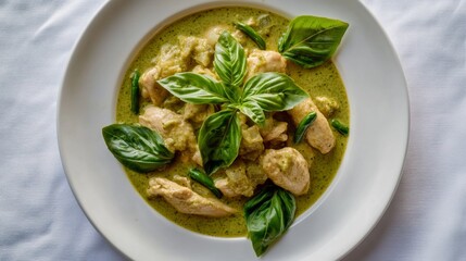 A serving of Green Curry with chicken, green chili paste, and coconut milk, garnished with basil leaves, on a white plate